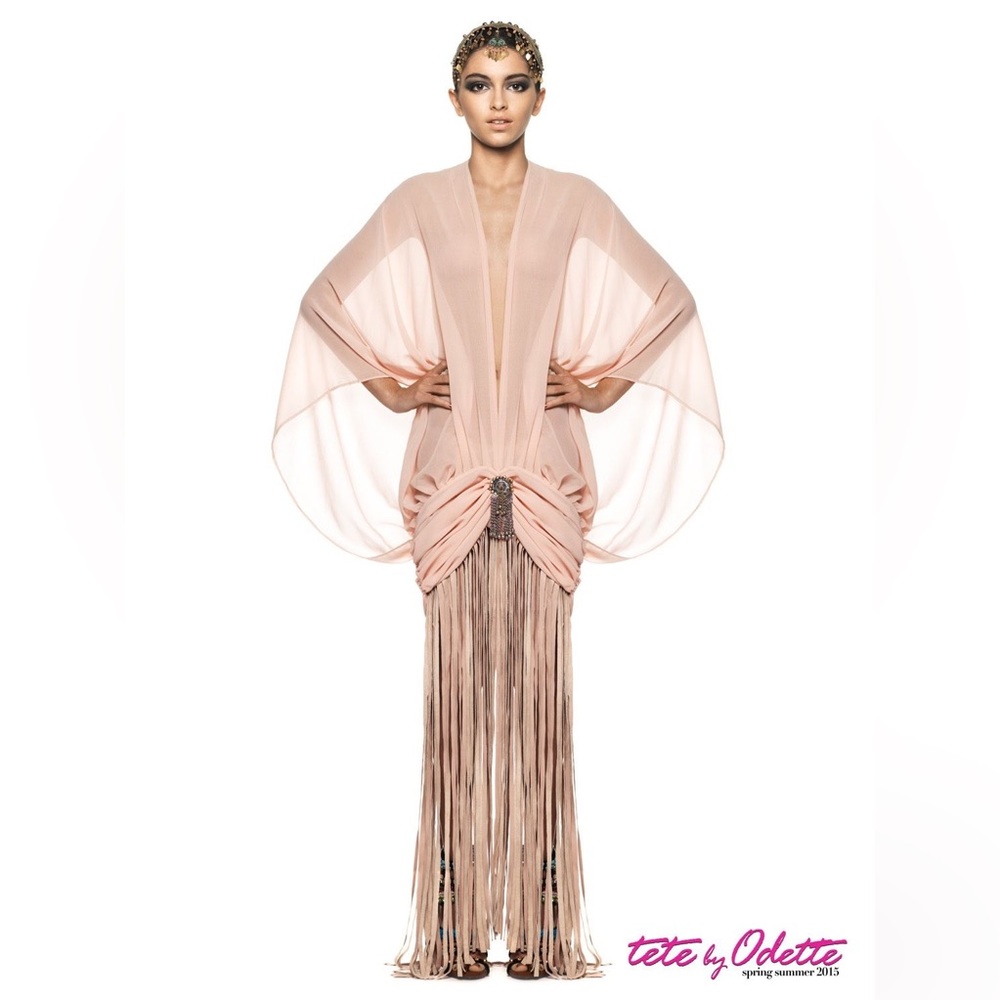 Beautiful Tete by Odette Pink/Blush Fringe Chiffon Dress
